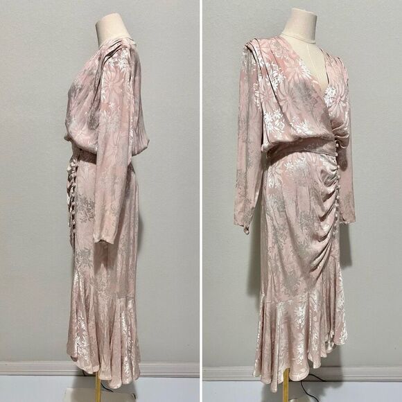 Vintage 80s Blouson Jacquard Drape Midi Dress Sz S Powder Pink Elegant Ladylike - Picture 4 of 9